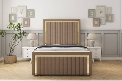 Sloomy Boston Gold Mink Plush Bed Frame With 50" Upholstered Headboard 4'6 Double from B&Q