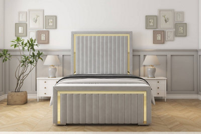 Sloomy Boston Gold Silver Plush Bed Frame With 50" Upholstered Headboard 2'6 Small Single from B&Q