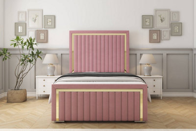 Sloomy Boston Gold Pink Plush Bed Frame With 50" Upholstered Headboard 4'6 Double from B&Q