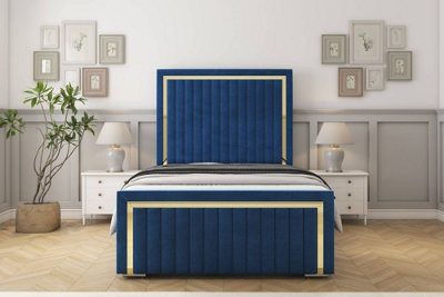 Sloomy Boston Gold Navy Plush Bed Frame With 50" Upholstered Headboard 5' King from B&Q