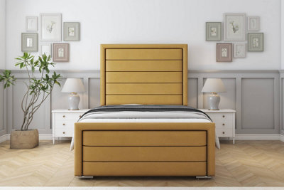 Sloomy Ashford Mustard Plush Bed Frame With 50" Upholstered Headboard 4'6 Double from B&Q