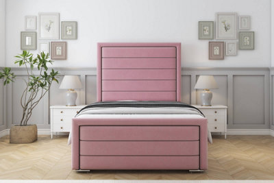 Sloomy Ashford Pink Plush Bed Frame With 50" Upholstered Headboard 4'6 Double from B&Q