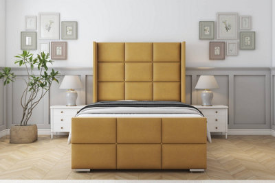 Sloomy Beaumont Mustard Plush Bed Frame With 50"  Upholstered Wingback Headboard 3' Single from B&Q