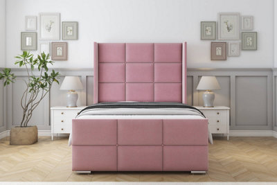 Sloomy Beaumont Pink Plush Bed Frame With 50"  Upholstered Wingback Headboard 5' King from B&Q