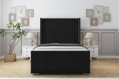 Sloomy Marlborough Black Plush Bed Frame With 50"  Upholstered Wingback Headboard 3' Single from B&Q