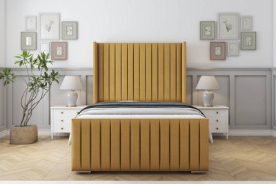 Sloomy Marlborough Mustard Plush Bed Frame With 50"  Upholstered Wingback Headboard 4' Small Double from B&Q