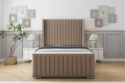 Sloomy Marlborough Mink Plush Bed Frame With 50"  Upholstered Wingback Headboard 5' King from B&Q