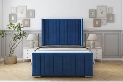 Sloomy Marlborough Navy Plush Bed Frame With 50"  Upholstered Wingback Headboard 2'6 Small Single from B&Q