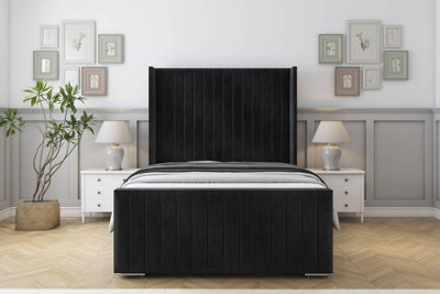 Sloomy Marlborough Black Naples Bed Frame With 50"  Upholstered Wingback Headboard 4'6 Double from B&Q