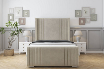 Sloomy Camden Cream Plush Bed Frame With 50"  Upholstered Wingback Headboard 4'6 Double from B&Q