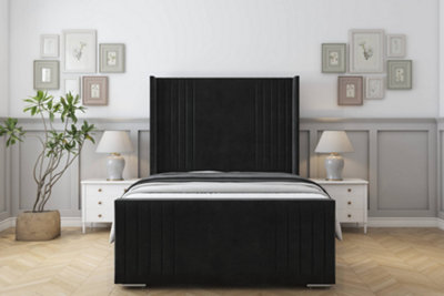 Sloomy Camden Black Plush Bed Frame With 50"  Upholstered Wingback Headboard 5' King from B&Q