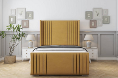Sloomy Camden Mustard Plush Bed Frame With 50"  Upholstered Wingback Headboard 6' Super King from B&Q