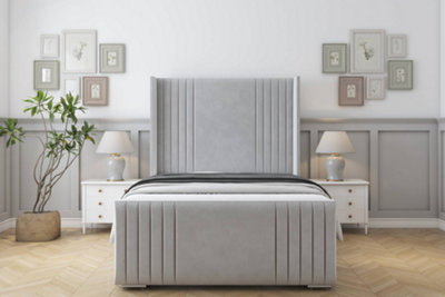 Sloomy Camden Silver Plush Bed Frame With 50"  Upholstered Wingback Headboard 4'6 Double from B&Q
