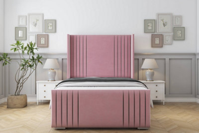 Sloomy Camden Pink Plush Bed Frame With 50"  Upholstered Wingback Headboard 3' Single from B&Q