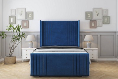 Sloomy Camden Navy Plush Bed Frame With 50"  Upholstered Wingback Headboard 4'6 Double from B&Q