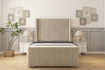 Sloomy Hargrave Cream Plush Bed Frame With 50"  Upholstered Wingback Headboard 2'6 Small Single from B&Q