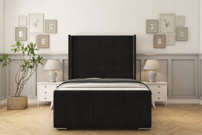 Sloomy Hargrave Black Plush Bed Frame With 50"  Upholstered Wingback Headboard 4'6 Double from B&Q