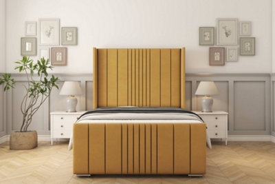 Sloomy Hargrave Mustard Plush Bed Frame With 50"  Upholstered Wingback Headboard 4'6 Double from B&Q
