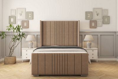 Sloomy Hargrave Mink Plush Bed Frame With 50"  Upholstered Wingback Headboard 4'6 Double from B&Q