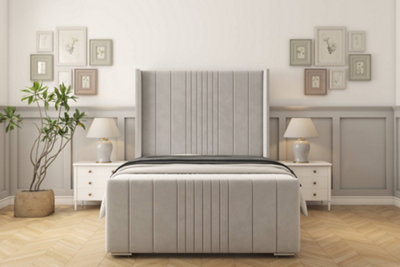 Sloomy Hargrave Silver Plush Bed Frame With 50"  Upholstered Wingback Headboard 5' King from B&Q