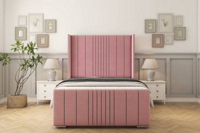 Sloomy Hargrave Pink Plush Bed Frame With 50"  Upholstered Wingback Headboard 3' Single from B&Q