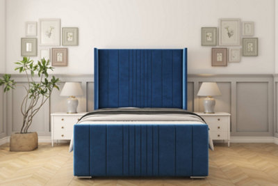 Sloomy Hargrave Navy Plush Bed Frame With 50"  Upholstered Wingback Headboard 4'6 Double from B&Q