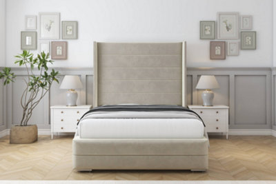 Sloomy Sterling Cream Plush Bed Frame With 50"  Upholstered Wingback Headboard 6' Super King from B&Q
