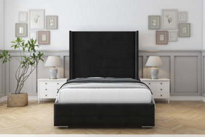 Sloomy Sterling Black Plush Bed Frame With 50"  Upholstered Wingback Headboard 4'6 Double from B&Q