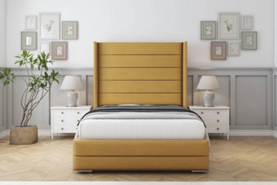Sloomy Sterling Mustard Plush Bed Frame With 50"  Upholstered Wingback Headboard 3' Single from B&Q