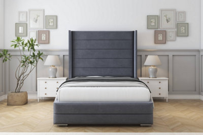 Sloomy Sterling Steel Plush Bed Frame With 50"  Upholstered Wingback Headboard 4'6 Double from B&Q