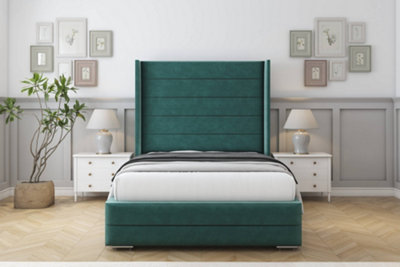 Sloomy Sterling Emerald Plush Bed Frame With 50"  Upholstered Wingback Headboard 3' Single from B&Q