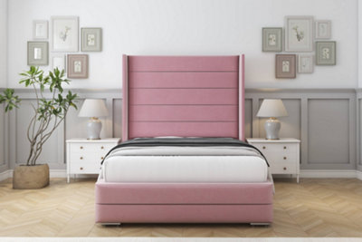 Sloomy Sterling Pink Plush Bed Frame With 50"  Upholstered Wingback Headboard 5' King from B&Q