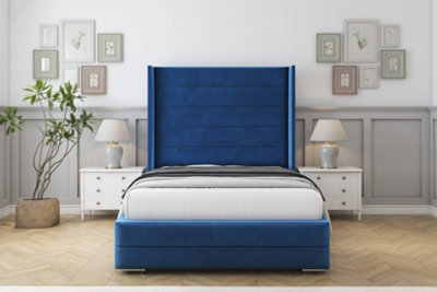 Sloomy Sterling Navy Plush Bed Frame With 50"  Upholstered Wingback Headboard 4'6 Double from B&Q