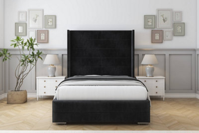 Sloomy Sterling Black Naples Bed Frame With 50"  Upholstered Wingback Headboard 4'6 Double from B&Q