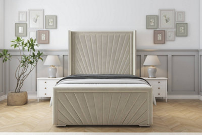 Sloomy Rutherford Cream Plush Bed Frame With 50"  Upholstered Wingback Headboard 4'6 Double from B&Q