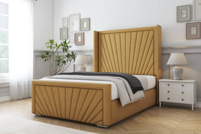 Sloomy Rutherford Mustard Plush Bed Frame With 50"  Upholstered Wingback Headboard 2'6 Small Single from B&Q