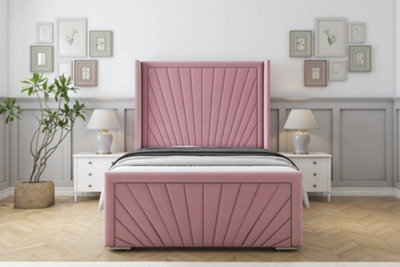 Sloomy Rutherford Pink Plush Bed Frame With 50"  Upholstered Wingback Headboard 4'6 Double from B&Q