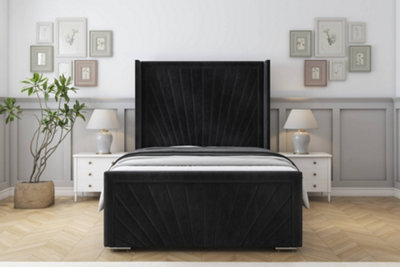 Sloomy Rutherford Black Naples Bed Frame With 50"  Upholstered Wingback Headboard 2'6 Small Single from B&Q