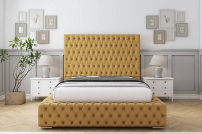 Sloomy Ambassador Mustard Plush Bed Frame With 50"  Upholstered Headboard 4' Small Double from B&Q