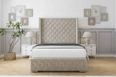 Sloomy Arundel Cream Plush Bed Frame With 50"  Upholstered Wingback Headboard 4'6 Double from B&Q