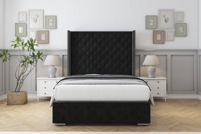 Sloomy Arundel Black Plush Bed Frame With 50"  Upholstered Wingback Headboard 2'6 Small Single from B&Q