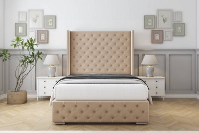 Sloomy Arundel Pebble Plush Bed Frame With 50"  Upholstered Wingback Headboard 4'6 Double from B&Q