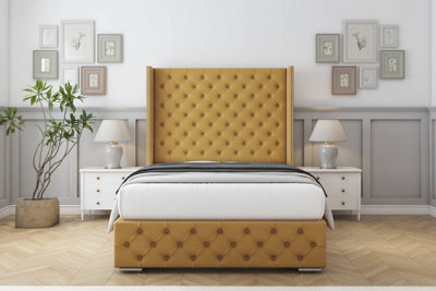 Sloomy Arundel Mustard Plush Bed Frame With 50"  Upholstered Wingback Headboard 4'6 Double from B&Q