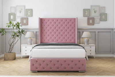 Sloomy Arundel Pink Plush Bed Frame With 50"  Upholstered Wingback Headboard 3' Single from B&Q