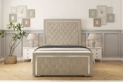 Sloomy Sofia Chrome Cream Plush Bed Frame With 50" Upholstered Headboard 4'6 Double from B&Q