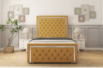 Sloomy Sofia Chrome Mustard Plush Bed Frame With 50" Upholstered Headboard 3' Single from B&Q