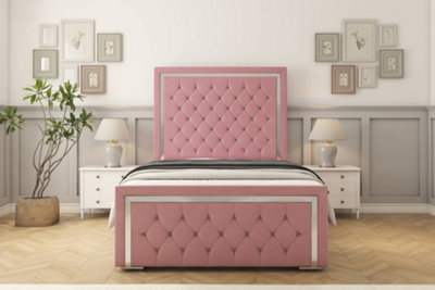 Sloomy Sofia Chrome Pink Plush Bed Frame With 50" Upholstered Headboard 4' Small Double from B&Q