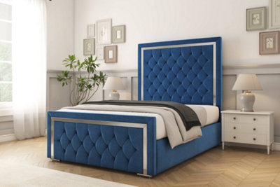 Sloomy Sofia Chrome Navy Plush Bed Frame With 50" Upholstered Headboard 4'6 Double from B&Q
