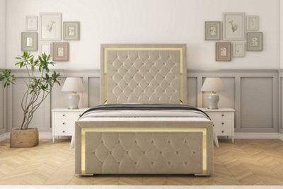 Sloomy Sofia Gold Cream Plush Bed Frame With 50" Upholstered Headboard 2'6 Small Single from B&Q
