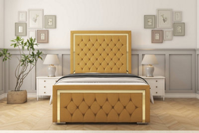 Sloomy Sofia Gold Mustard Plush Bed Frame With 50" Upholstered Headboard 2'6 Small Single from B&Q